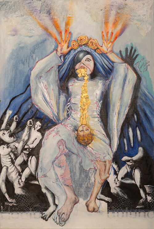 <b>Geburt</b> 2017<br>
144 x 97cm <br>
Acryl, Tusche, Tapete, Acrylspray Öl auf LW