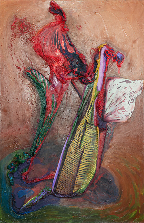 <b>fleur du mal</b> 2014<br>
200 x 130cm<br>
Acryl, Öl, Textil auf LW