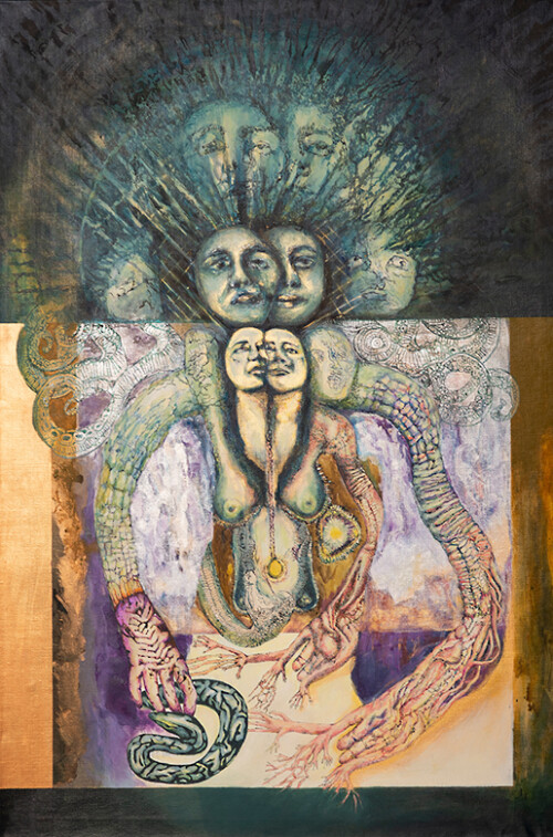 <b>Häutungsfrau</b> 2017<br>
144 x 97cm<br>
Acryl, Öl, Tusche auf LW