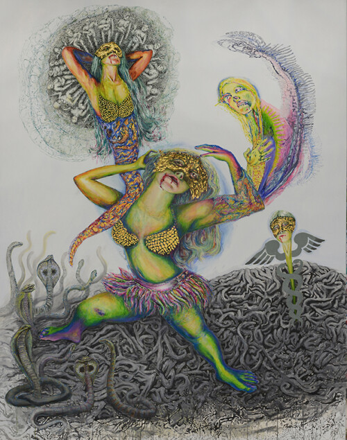 <b>Schlangentanz</b> 2017<br>
230 x 180cm<br>
Öl, Acryl, Blattgold, Tusche auf LW