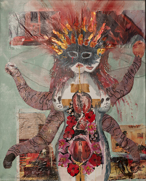 <b>Kali</b> 2016 <br>
101 x 82cm<br>
Acryl, Öl,Bleistift, Collage, Glitzer, Textil, Aufkleber,
Spray auf LW