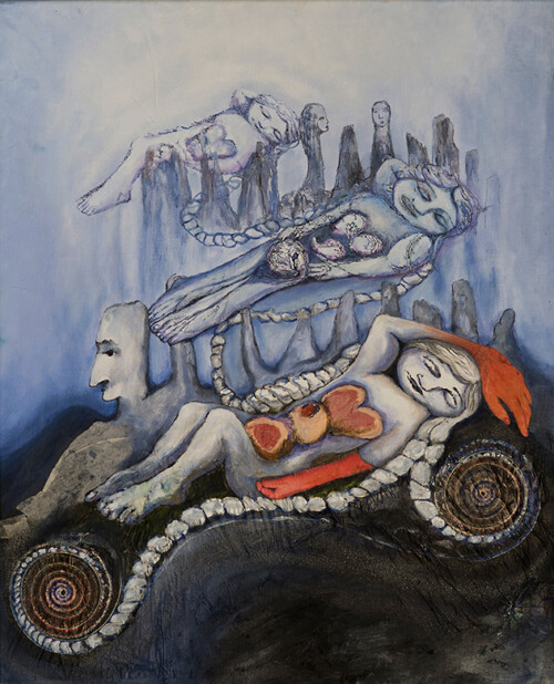 <b>Schlafende Venus</b> 2016 <br>
101x 82cm <br>
Acryl, Öl,Seidenpapier, Collage,Effektspray, Tusche auf LW