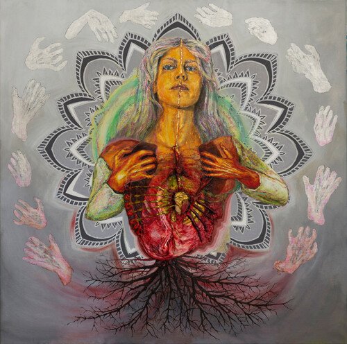 <b>Von Innen nach Außen</b> 2017-18 <br>
135 x 135cm <br>
Acryl, Öl, Tusche auf LW