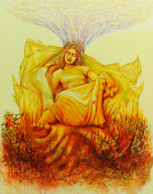 <b>Katharsis</b> 2017<br>
230 x 180cm<br>
Öl, Acryl, Tusche, Blattgold auf LW