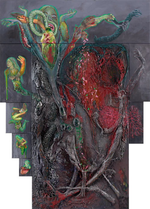 <b>Gewächs</b> 2016<br>
217x155cm<br>
Öl, Acryl, Textil, Graphit und Mischtechnik auf LW