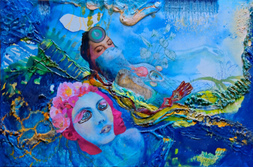 <b>Lucid Dream Nr. 1</b> 2020<br>
60 x 90cm<br>
Acryl, Tusche, Pigment, Magazinseite Collage auf LW