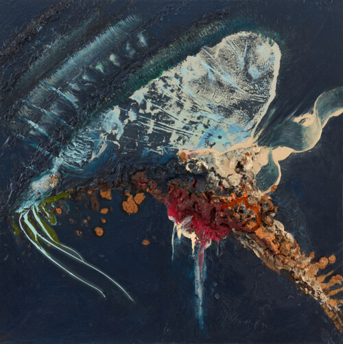 <b>Nachtfalter 1</b> 2014<br>
95 x 95cm<br>
Acryl, Öl, Pigment, Papier auf LW