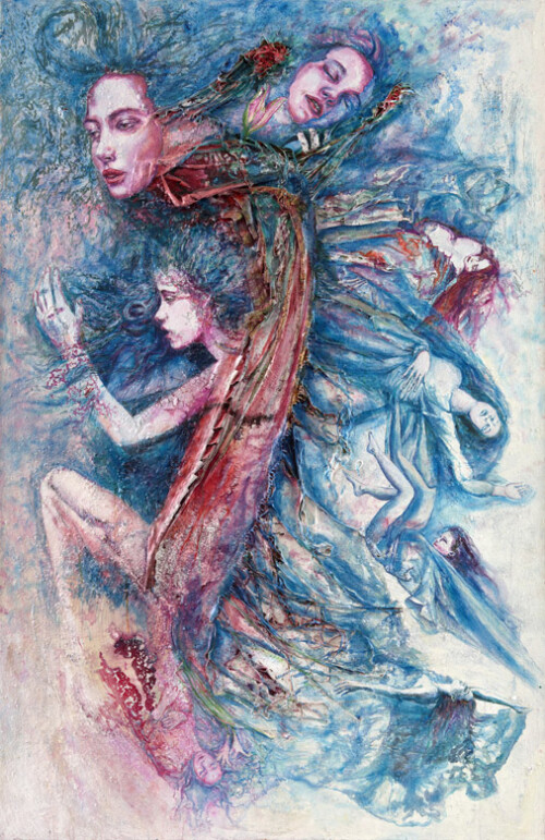 <b>Ophelias Erwachen</b> 2018-2019<br>
200 x 130cm<br>
Acryl, Öl, Tusche, Pigment, Textil auf LW