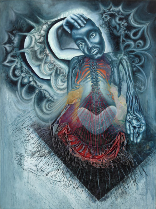 <b>Salvation</b> 2015<br>
200 x 130cm<br>
Acryl, Öl, Tusche, Schnüre, Textil auf LW