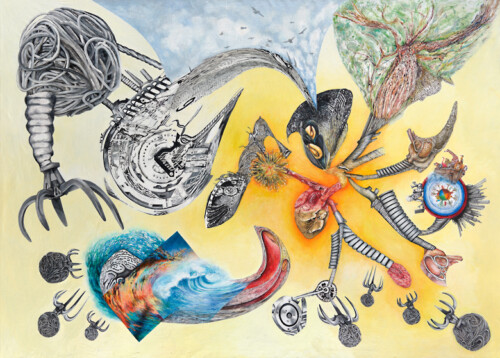 <b>Virus</b> 2020-21 <br>
165 x 230cm <br>
Öl, Acryl, Magazin, Tusche auf LW