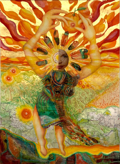 <b>Hommage an die Sonne</b> 2022<br>
140cm x 100cm<br>
Acryl, Bleistift, Ölkreide, Tusche, Buntstift, Aquarelle, Collage, Blattgold auf Papier